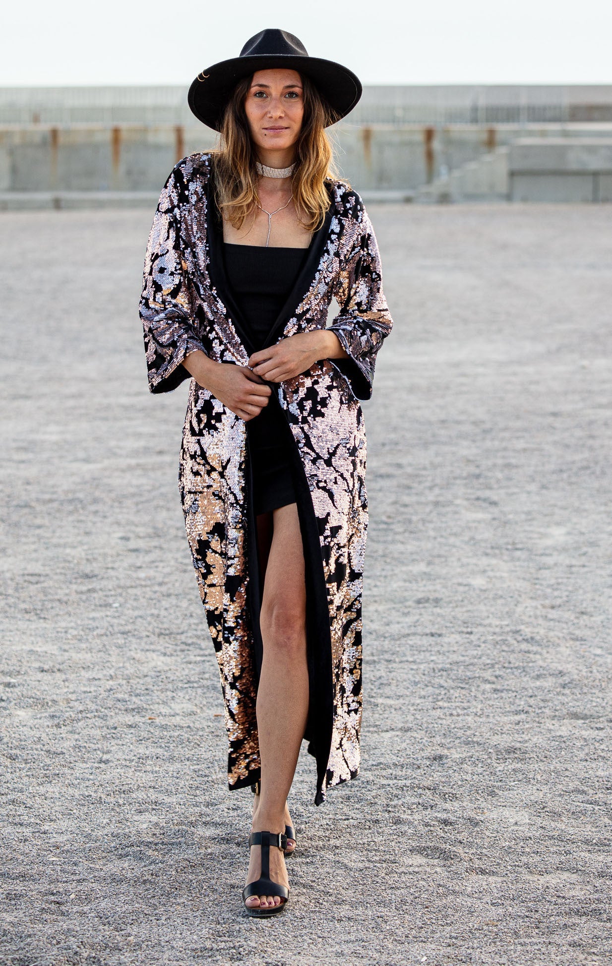 White and Gold Sequin Velvet Kimono