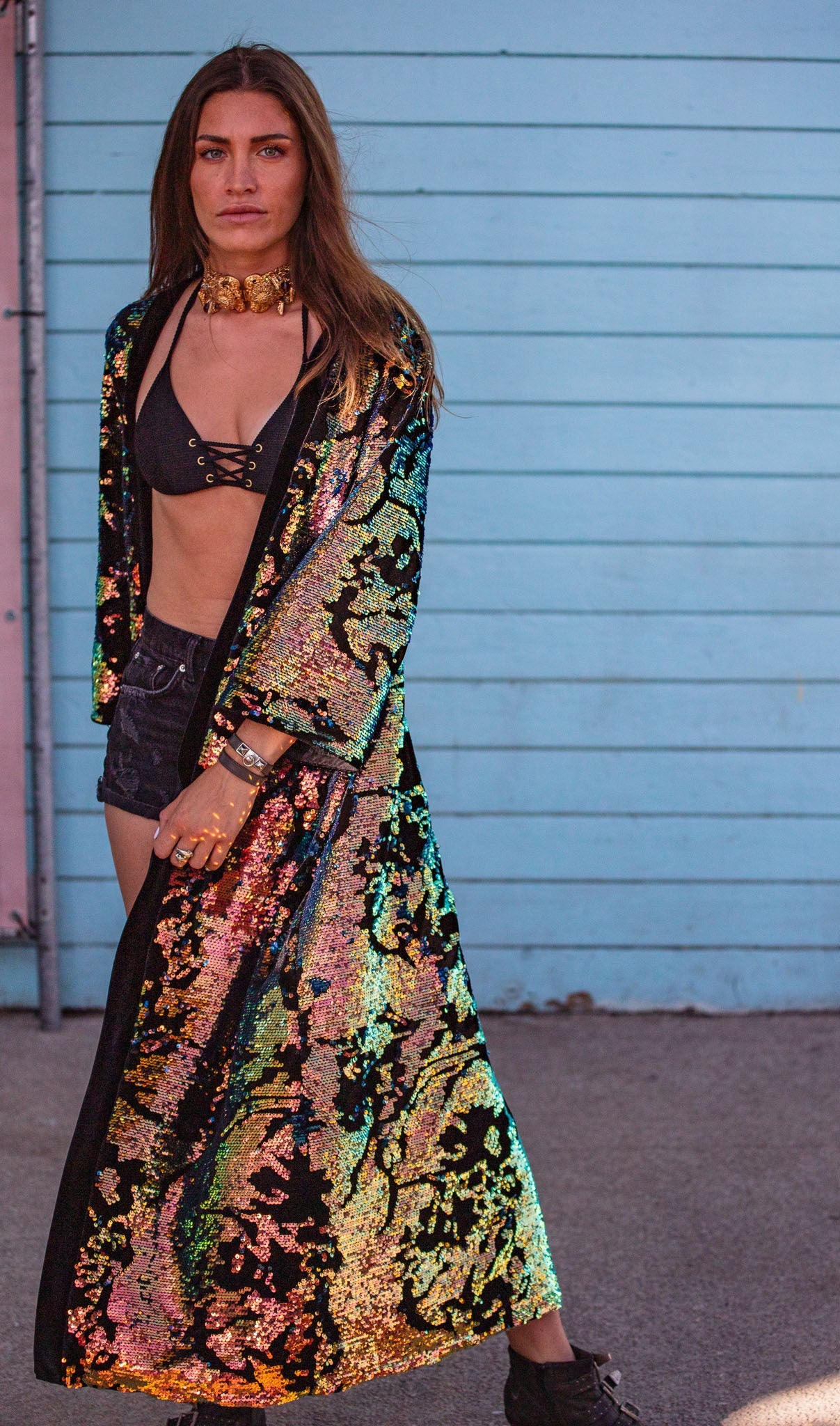 White and Gold Sequin Velvet Kimono