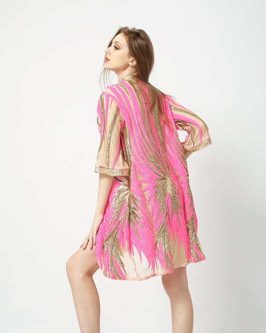 Sequin Kimono in Neon Pink and Gold