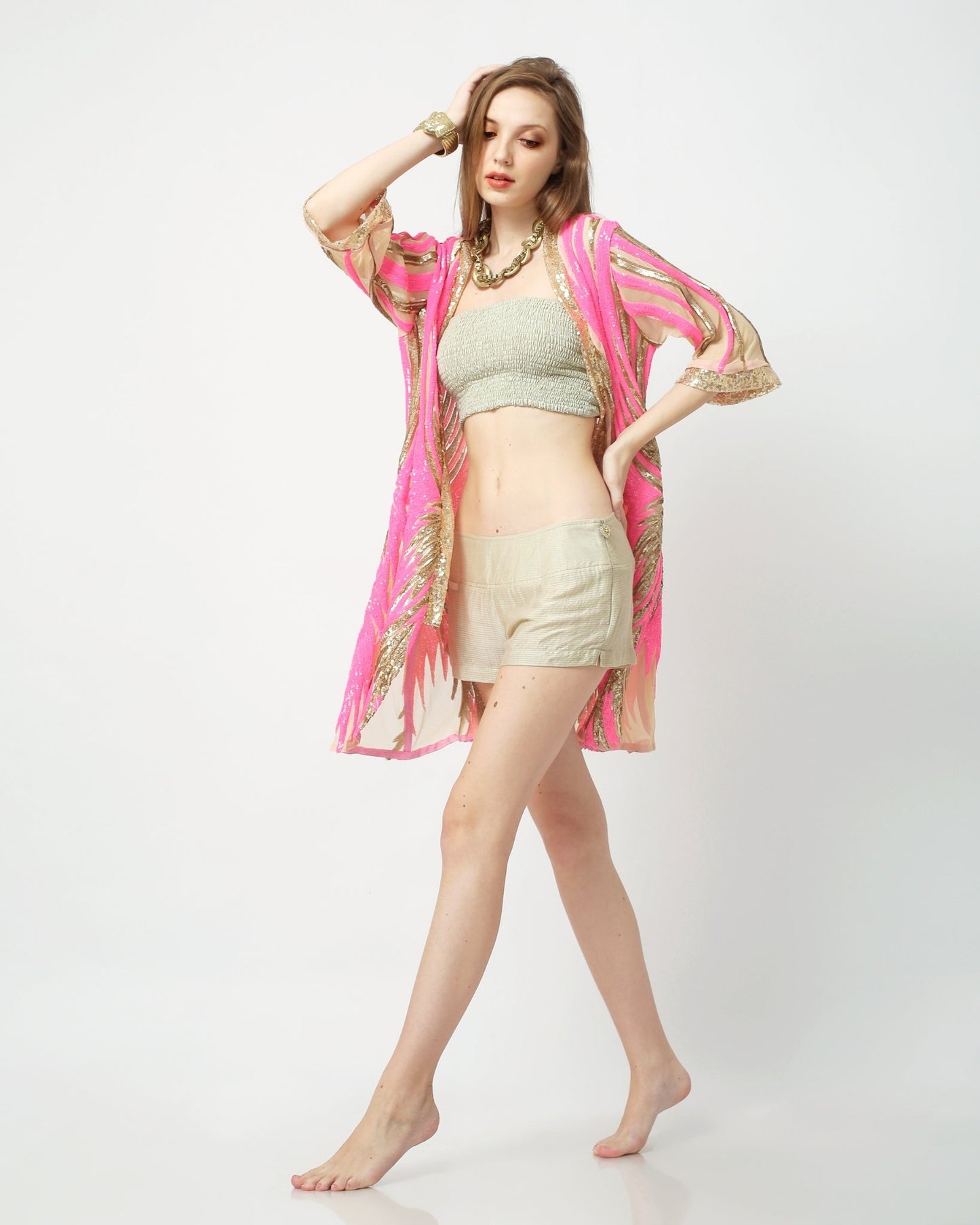 Sequin Kimono in Neon Pink and Gold