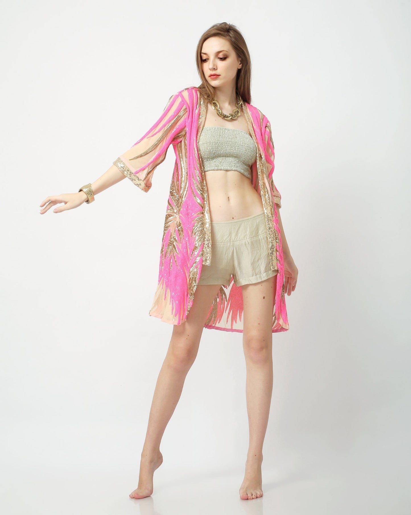 Sequin Kimono in Neon Pink and Gold