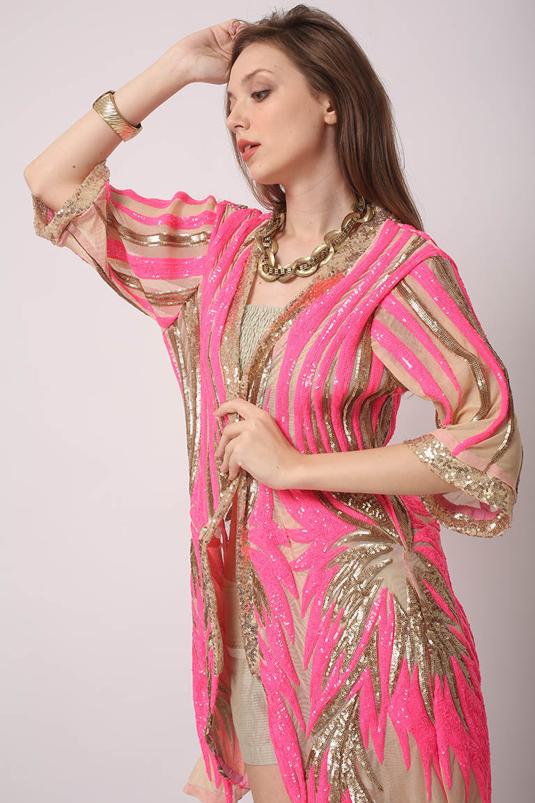 Sequin Kimono in Neon Pink and Gold