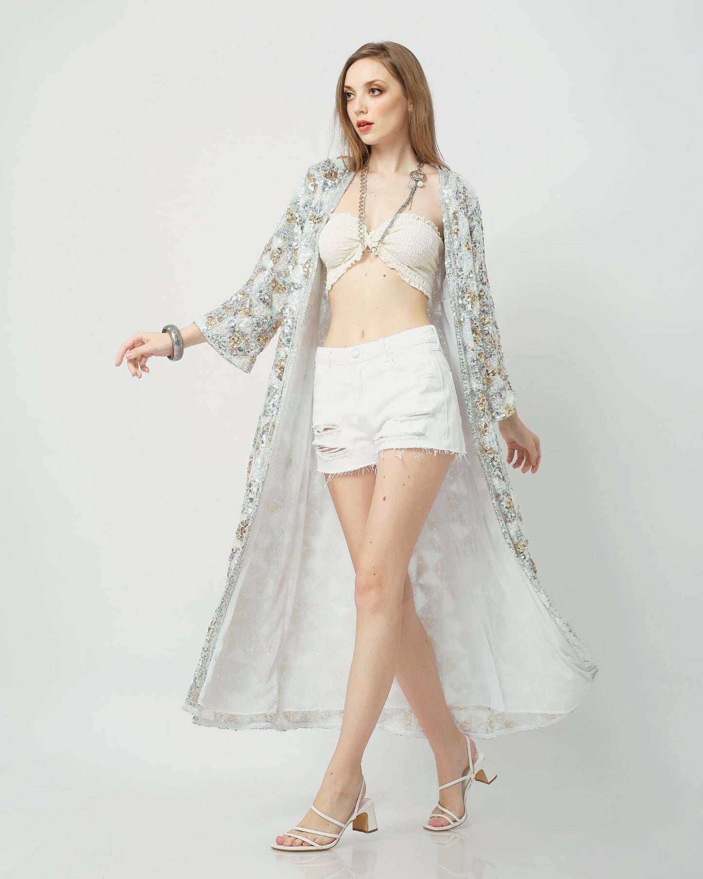 Iridescent Sequin Duster Kimono in White Gold Silver tones