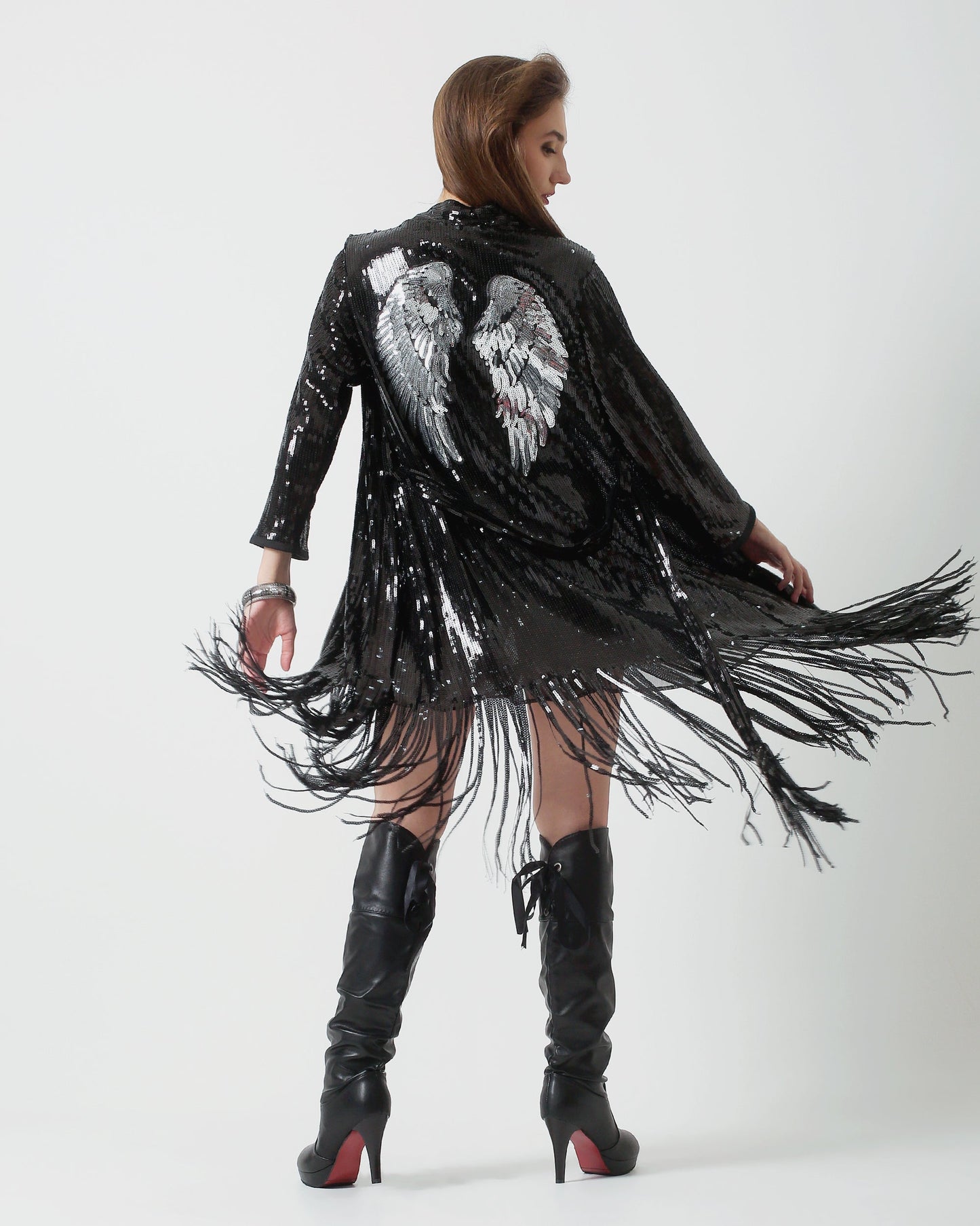 Black Sequin Kimono with Silver Wings - Burning Man Fringe Jacket