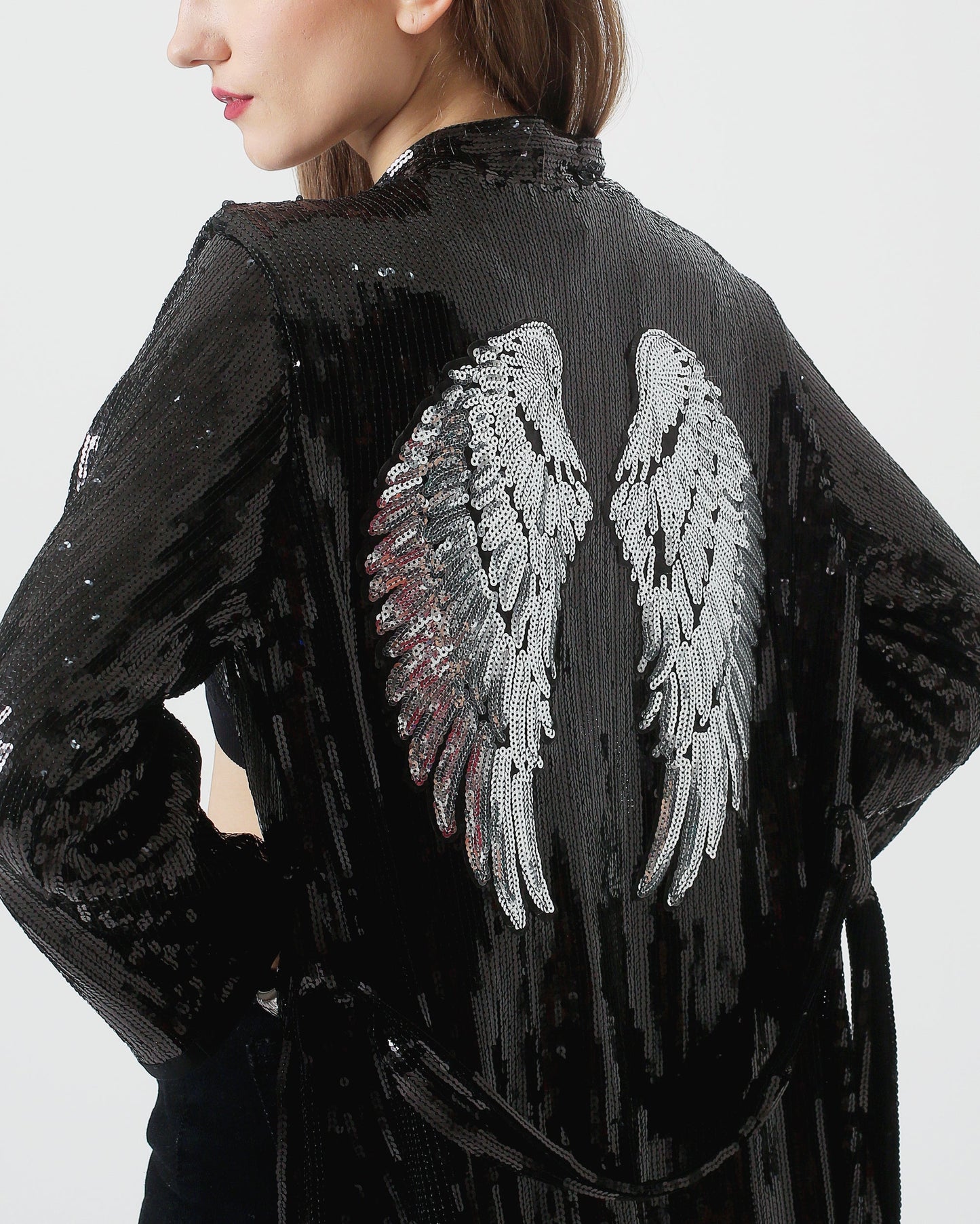 Black Sequin Kimono with Silver Wings - Burning Man Fringe Jacket