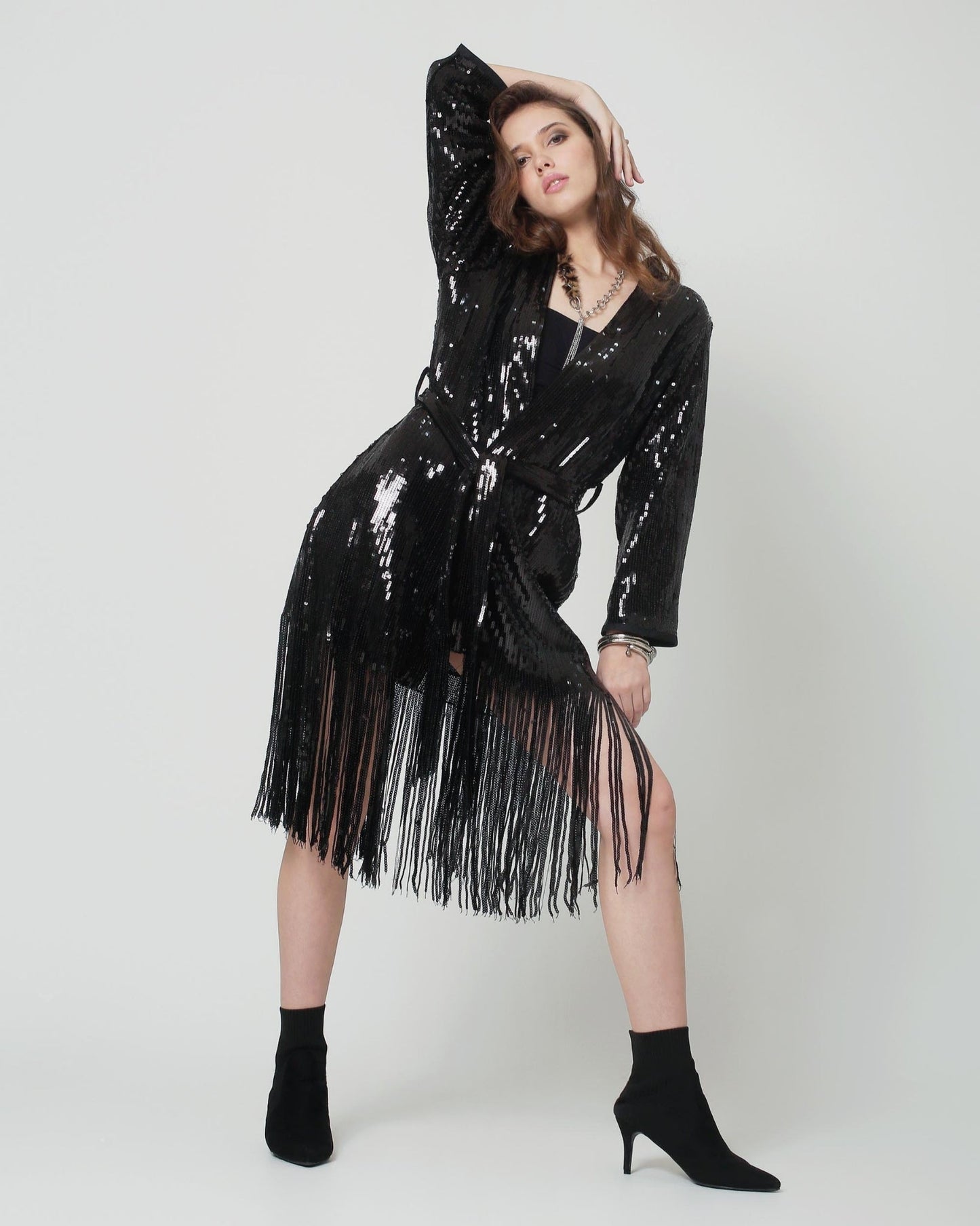 Black Sequin Kimono with Silver Wings - Burning Man Fringe Jacket