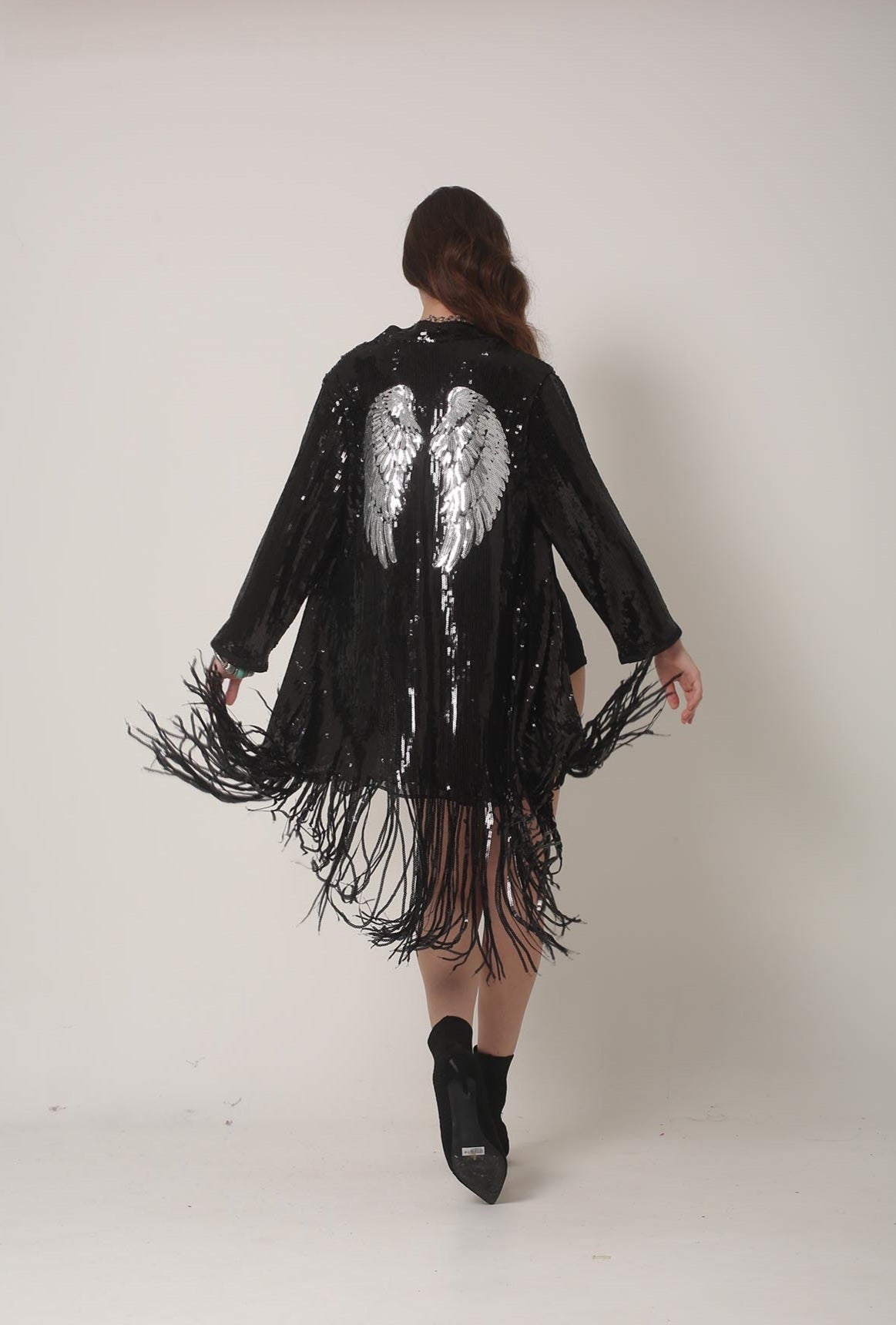 Black Sequin Kimono with Silver Wings - Burning Man Fringe Jacket