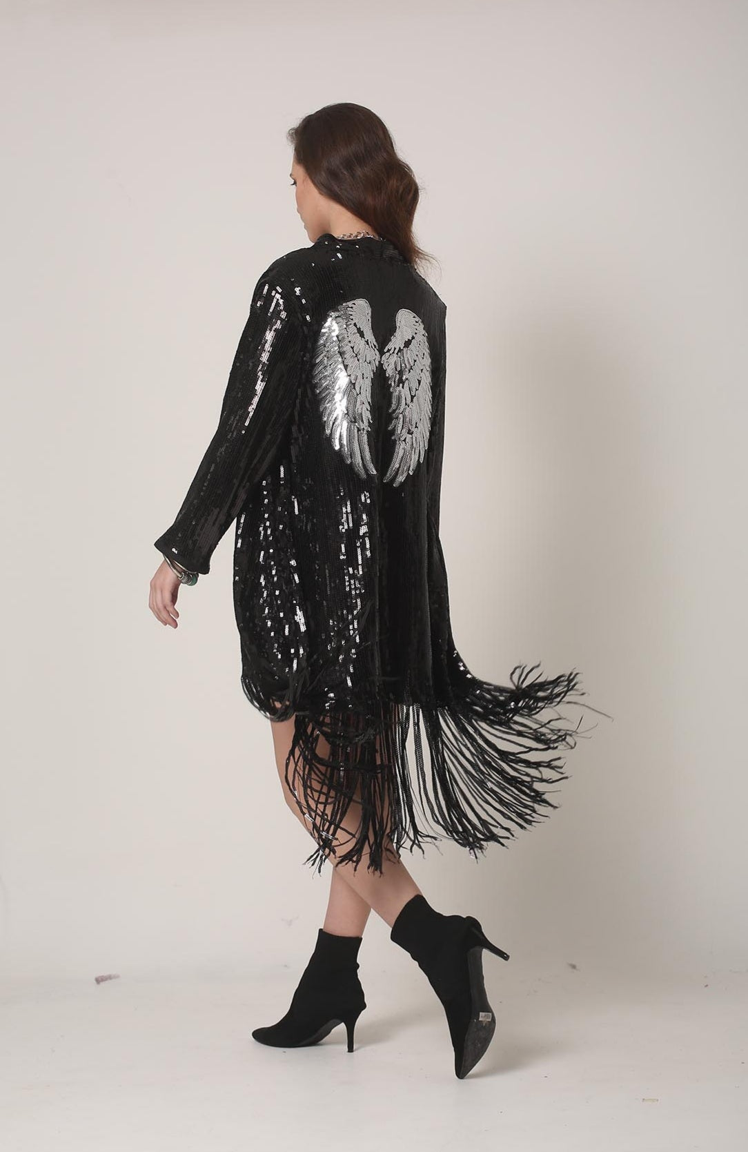 Black Sequin Kimono with Silver Wings - Burning Man Fringe Jacket