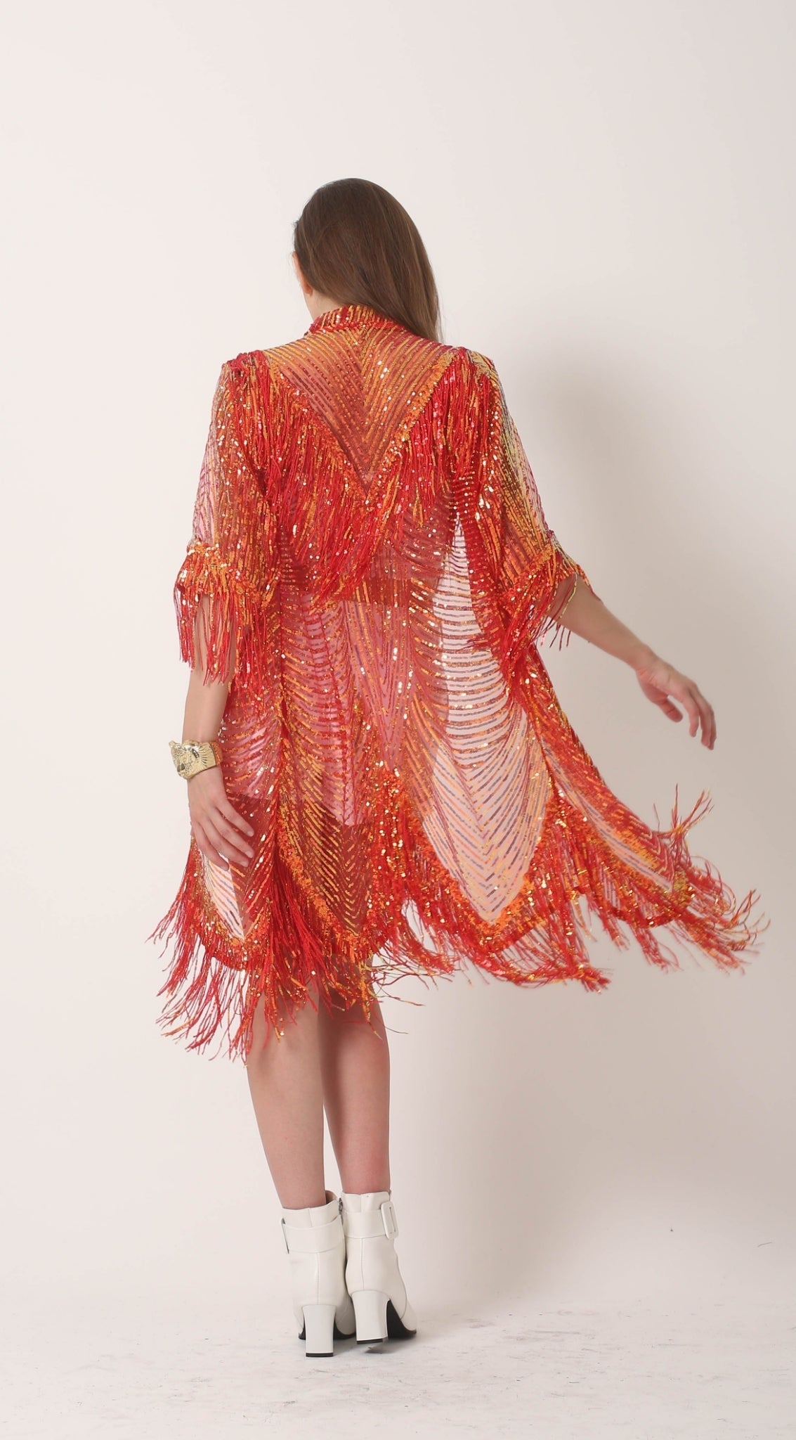 Sequin Kimono Jacket with tassels great for Burning Man, Rave and Festival Clothing for women in Red and Gold Iridiscent colour