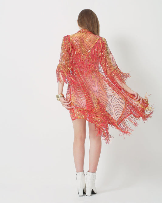 Sequin Kimono Jacket with tassels great for Burning Man, Rave and Festival Clothing for women in Red and Gold Iridiscent colour