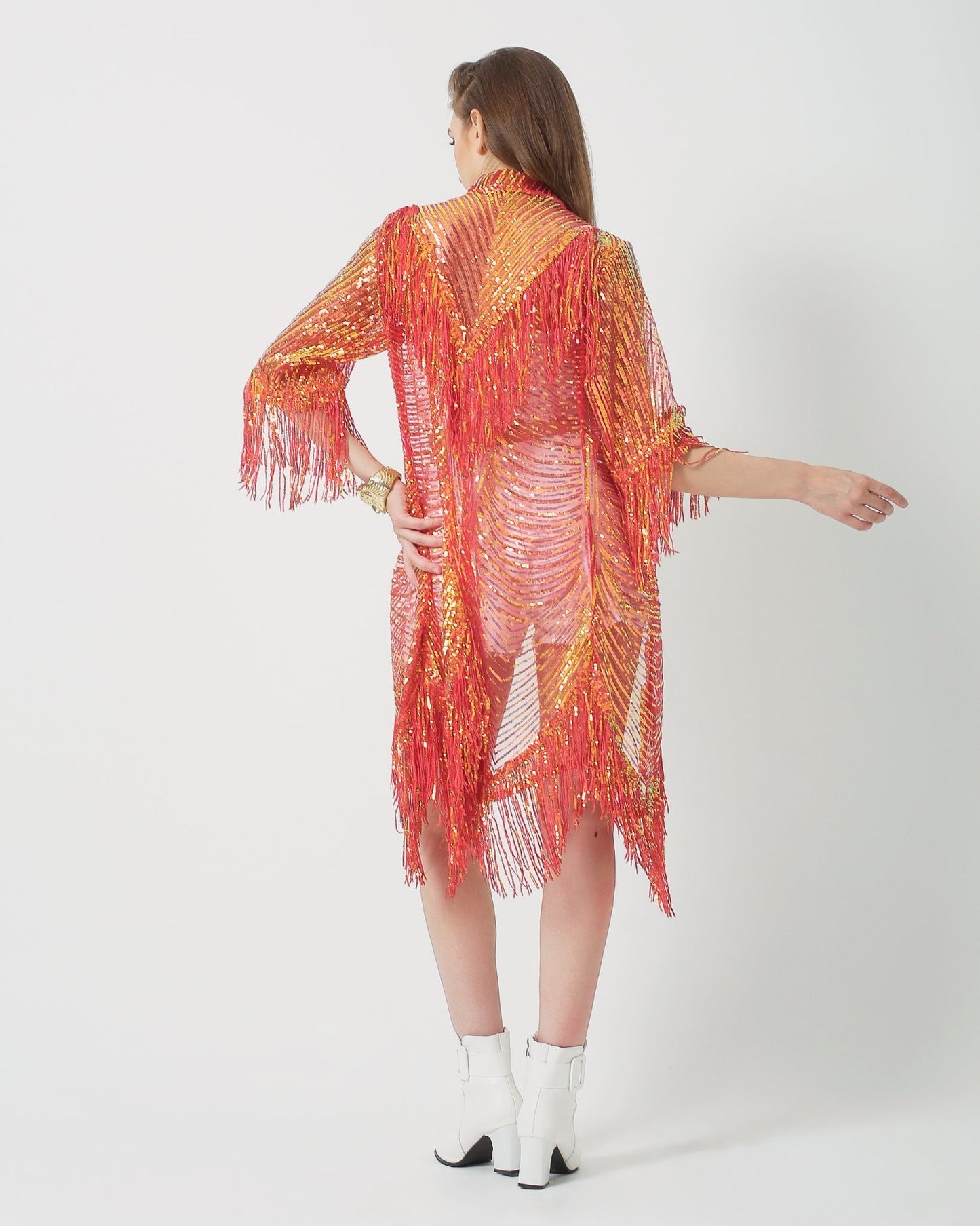 Sequin Kimono Jacket with tassels great for Burning Man, Rave and Festival Clothing for women in Red and Gold Iridiscent colour