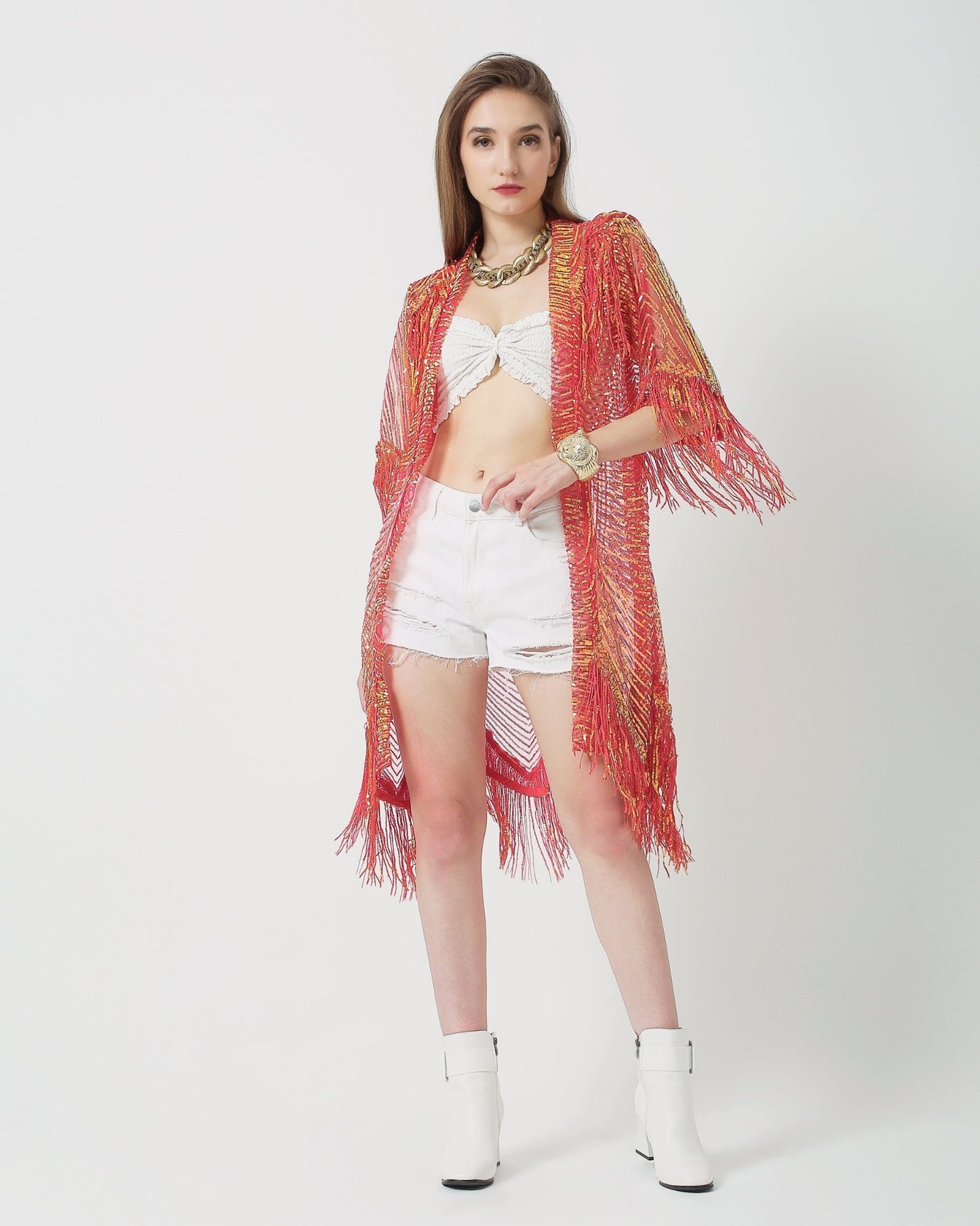 Sequin Kimono Jacket with tassels great for Burning Man, Rave and Festival Clothing for women in Red and Gold Iridiscent colour