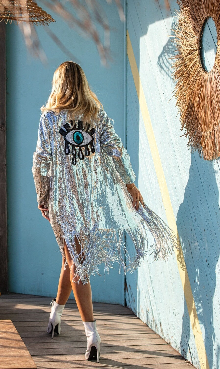 Black Sequin Kimono with Fringes - Sparkly Duster - burning man , Third Eye Kimono, Rave Outfit for women - Boho Festival Clothing Jacket