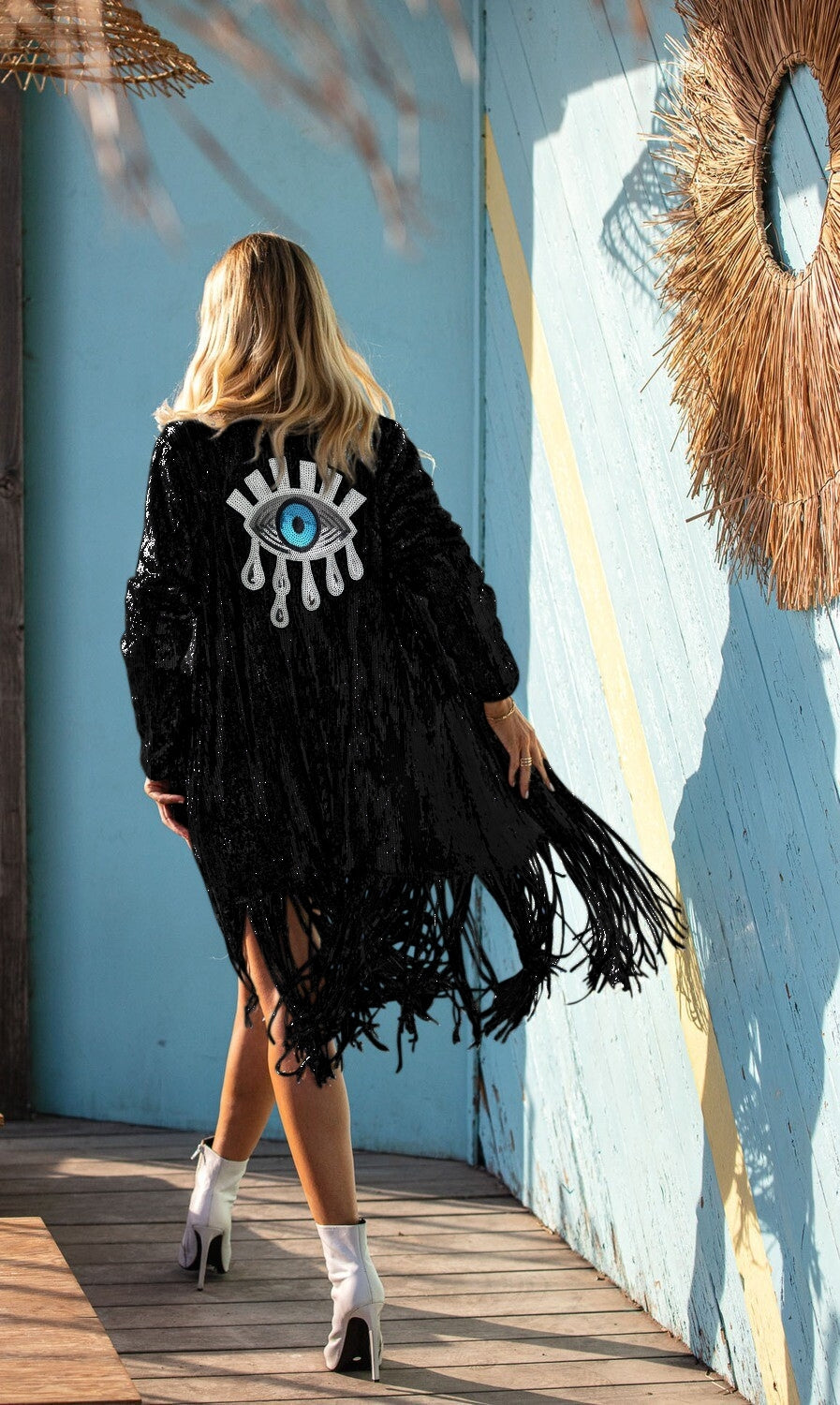 Black Sequin Kimono with Fringes - Sparkly Duster - burning man , Third Eye Kimono, Rave Outfit for women - Boho Festival Clothing Jacket