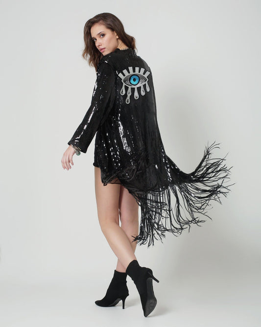 Black Sequin Kimono with Fringes - Sparkly Duster - burning man , Third Eye Kimono, Rave Outfit for women - Boho Festival Clothing Jacket