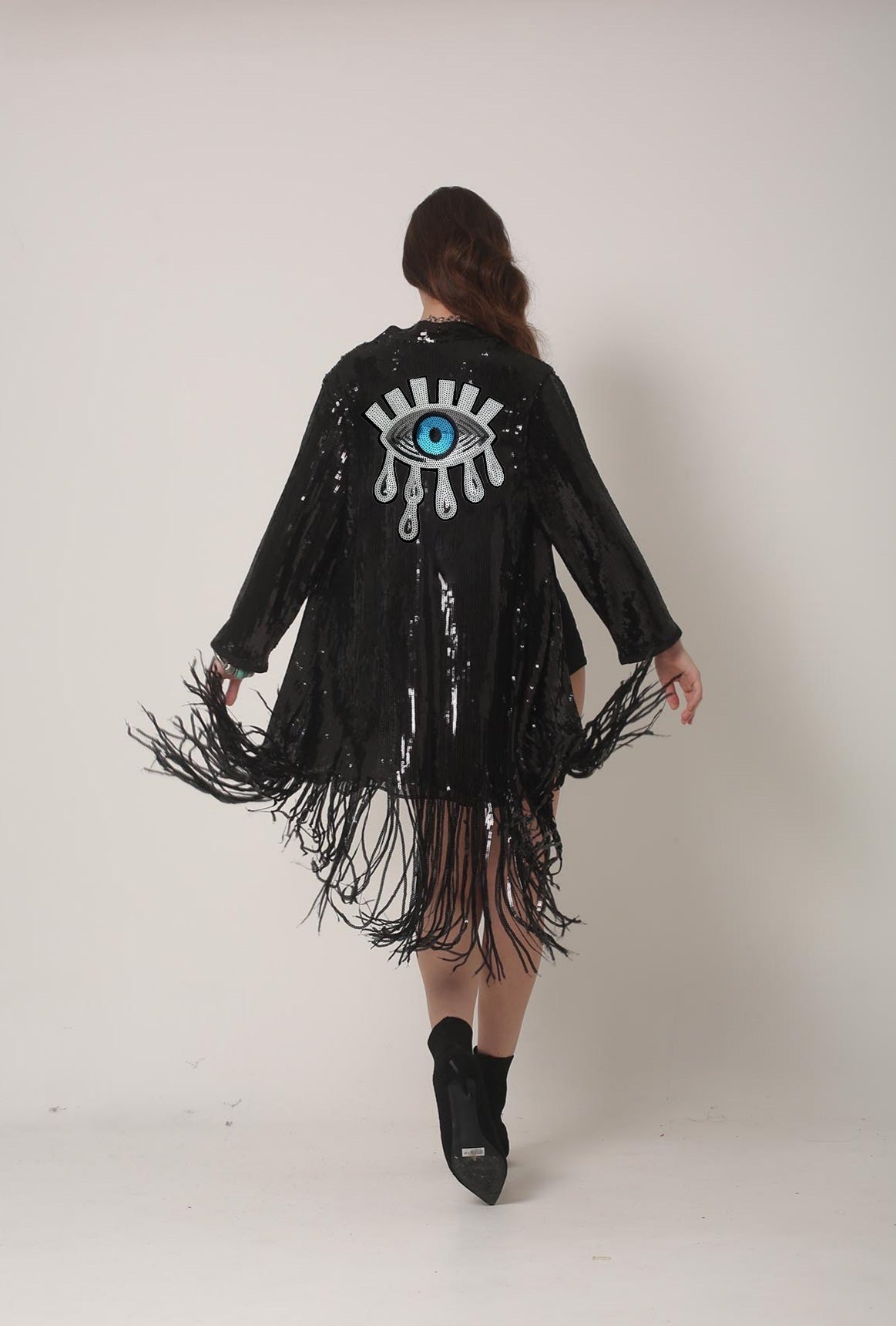 Black Sequin Kimono with Fringes - Sparkly Duster - burning man , Third Eye Kimono, Rave Outfit for women - Boho Festival Clothing Jacket