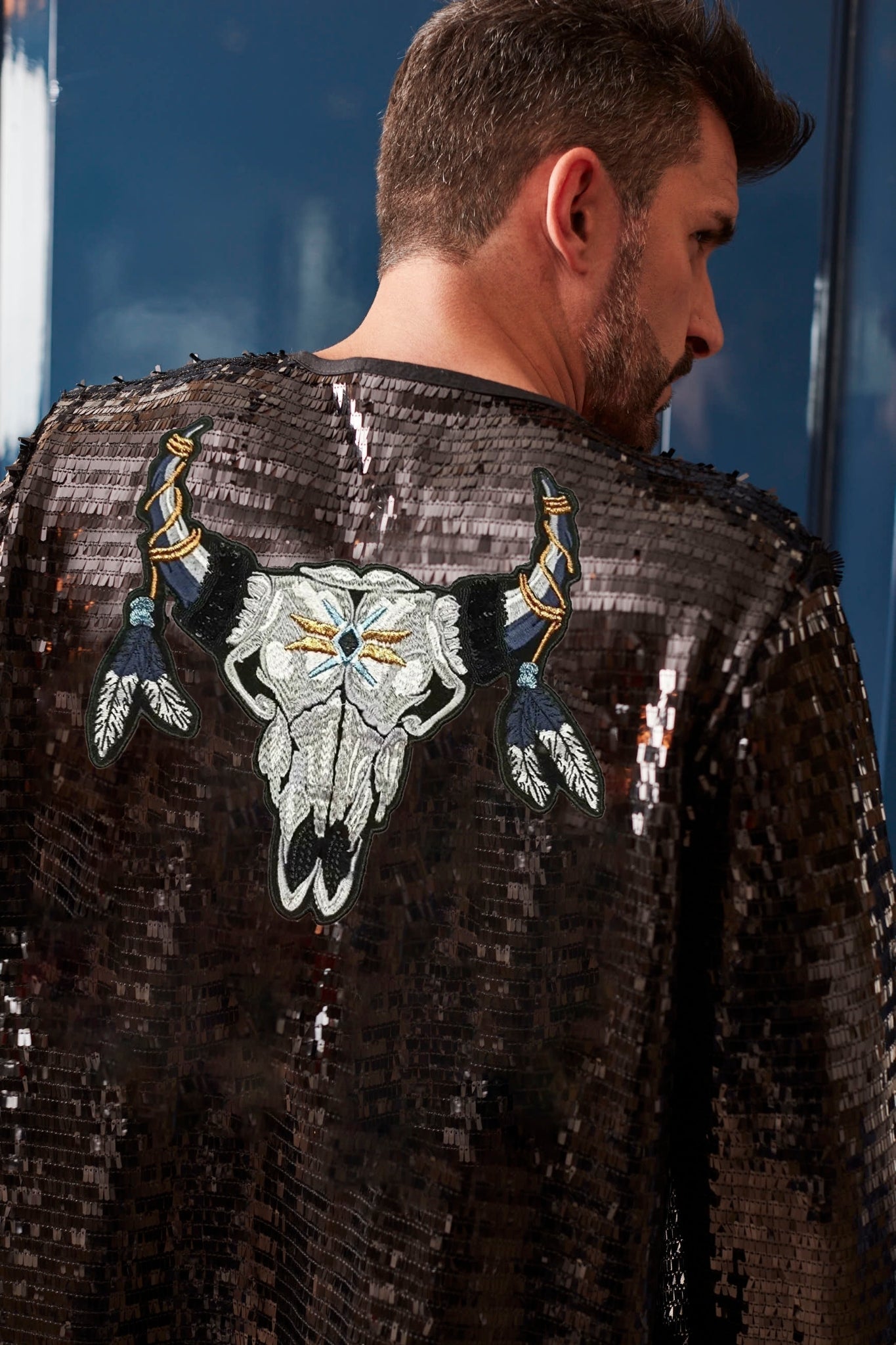 Sequin Kimono for men Burning Outfit for men Harry Styles Jacket Rave Kimono Robe Party Festival Costume Boho Tulum Bull Skull Tomorrowland